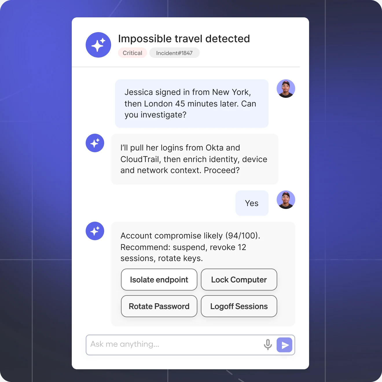 AI assistant investigating an impossible travel detection